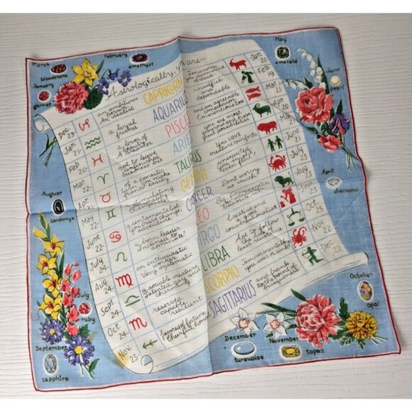 Vintage Handkerchief 1950’s Burmel Astrological Zodiac Signs chart floral 13 in - Picture 1 of 6